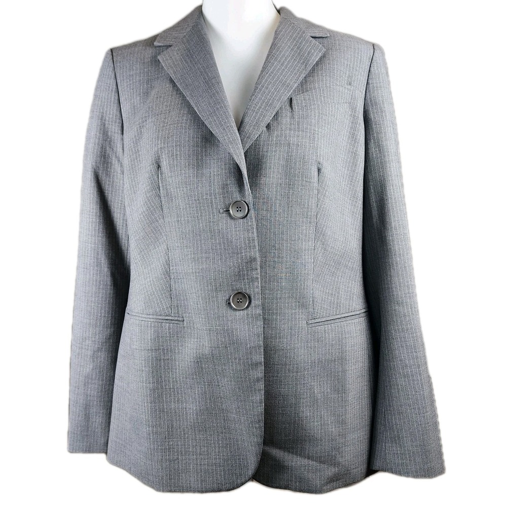 Talbots Pinstripe Blazer Jacket Womens 12 Grey‎ Wool Blend Professional Business